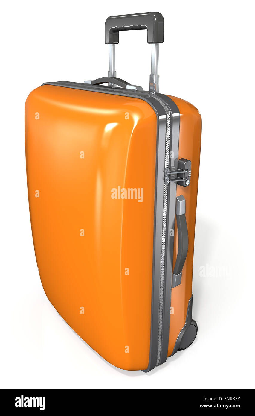Modern hard case suitcase. Orange with zipper and lock. Stock Photo