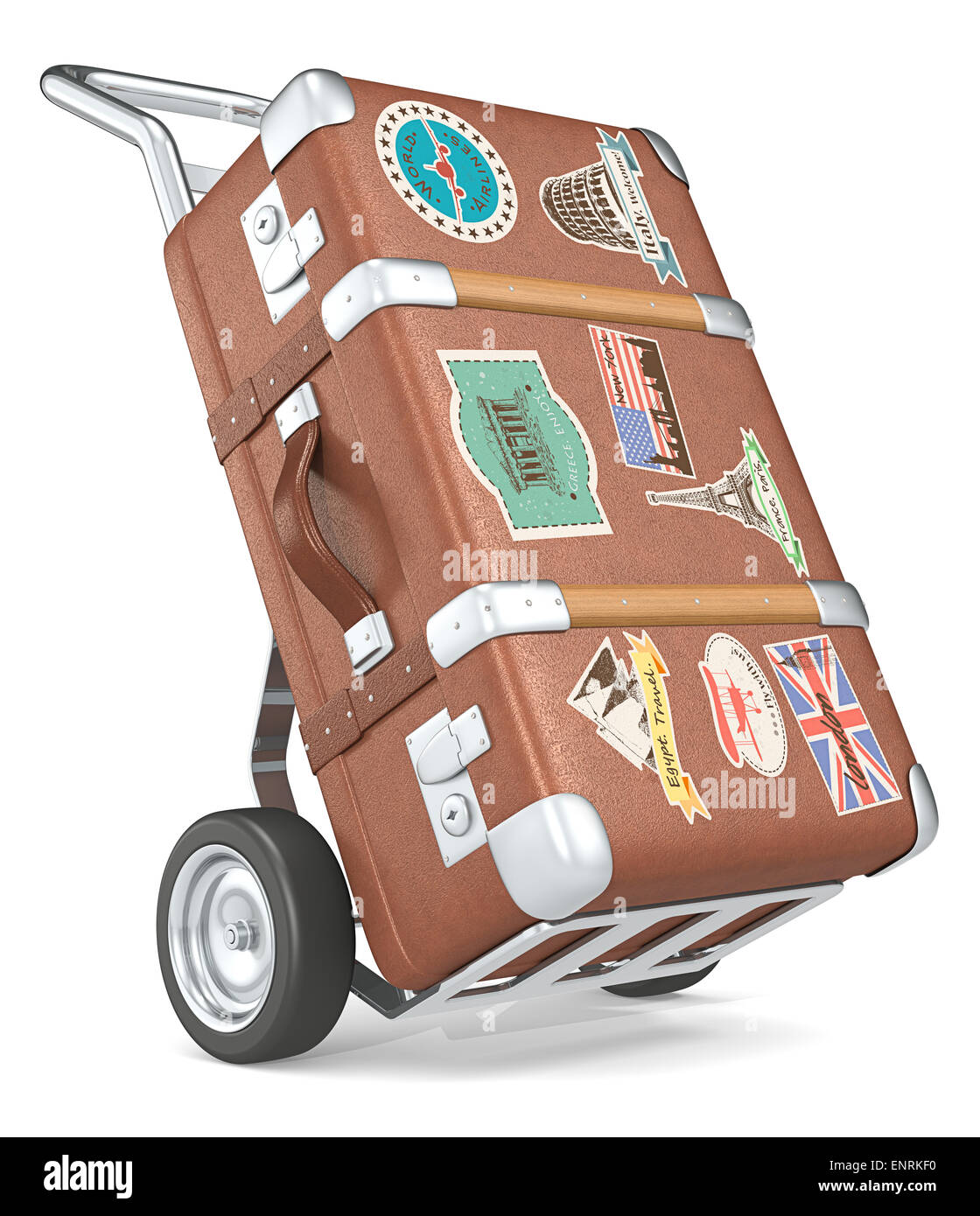 Vintage suitcase with retro travel stickers on a trolley. Stock Photo