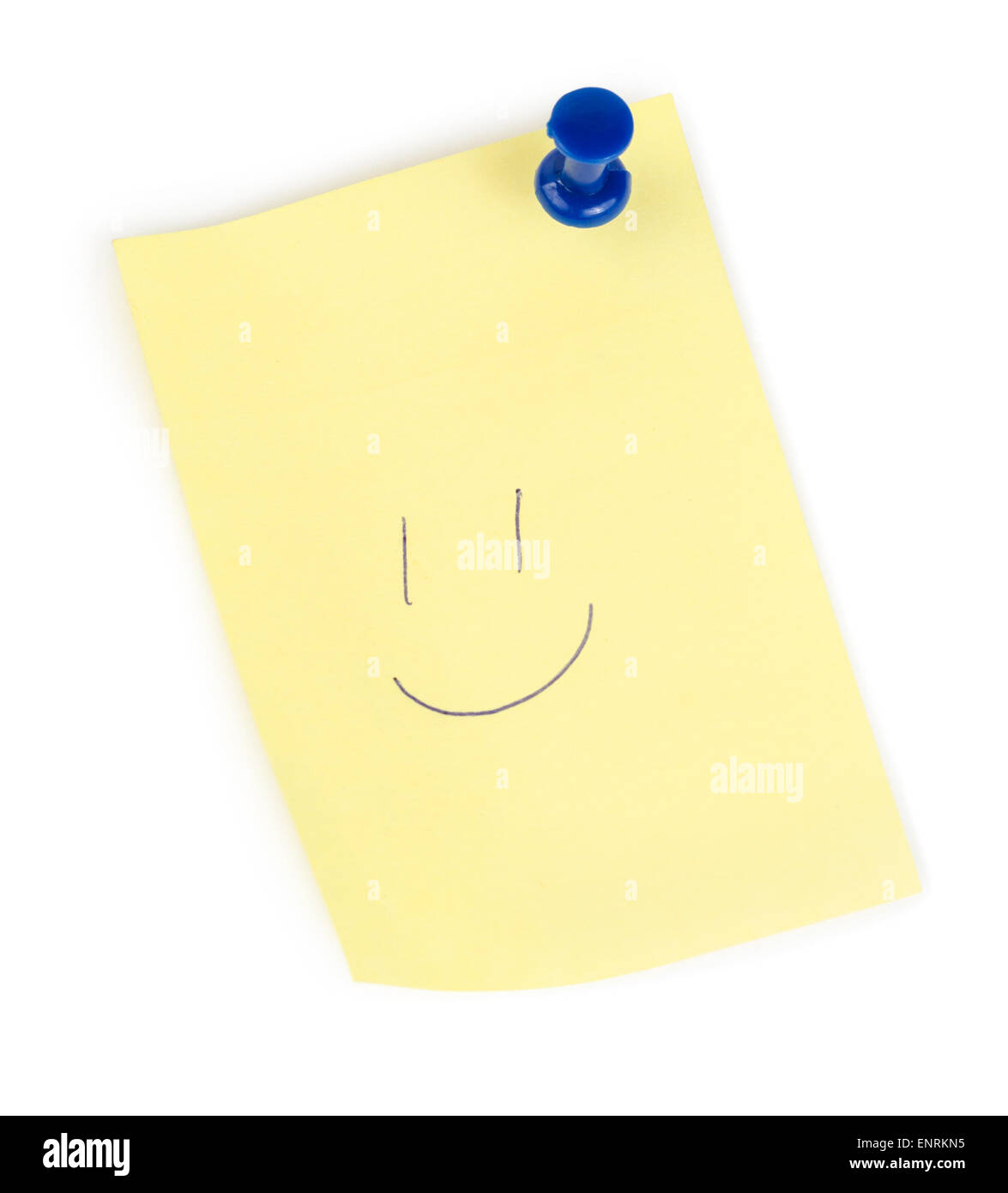 Yellow note paper with push and smile isolated on white background Stock Photo
