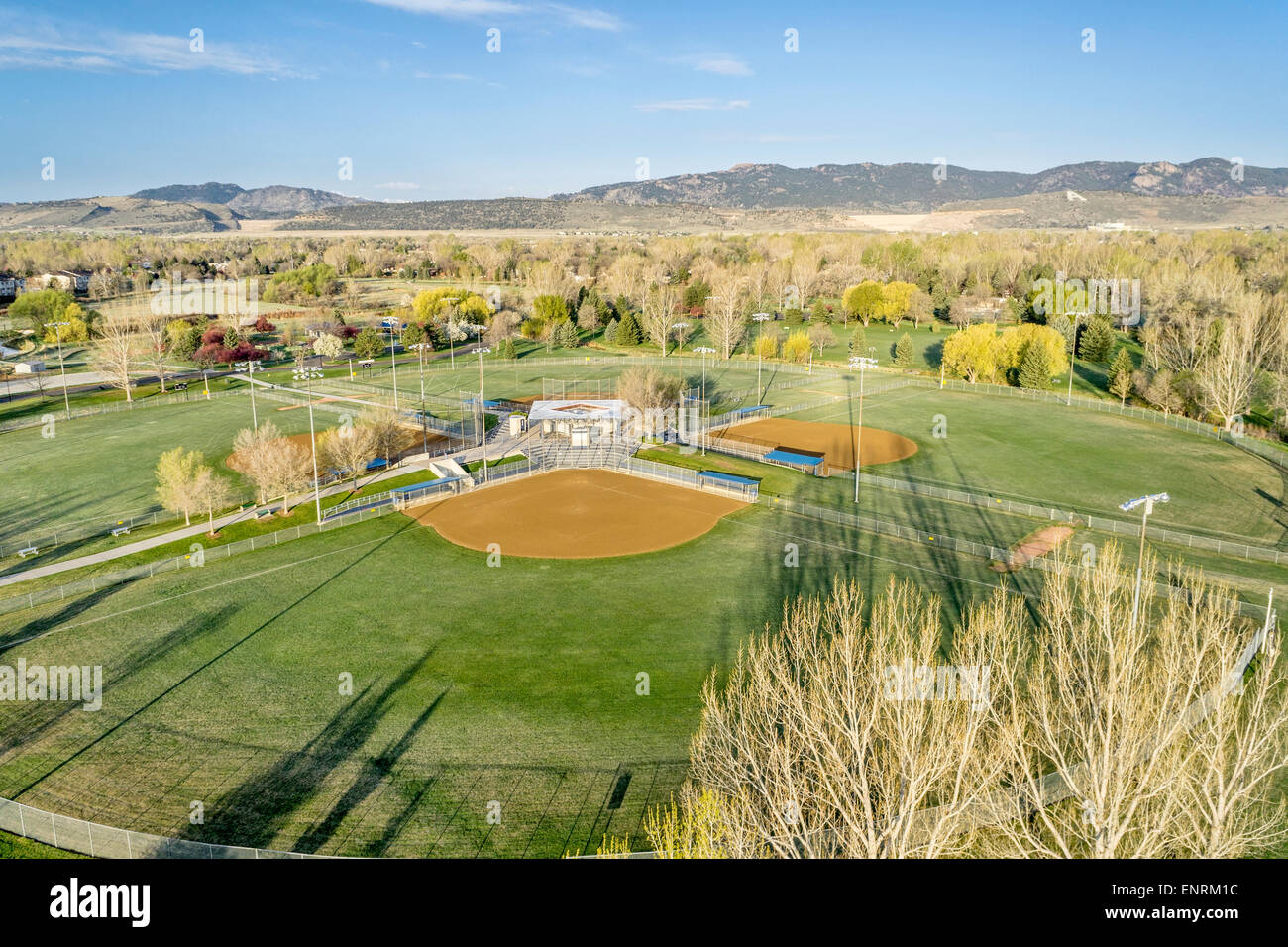 aerial view of a local public park with baseball fields in Fort Collins