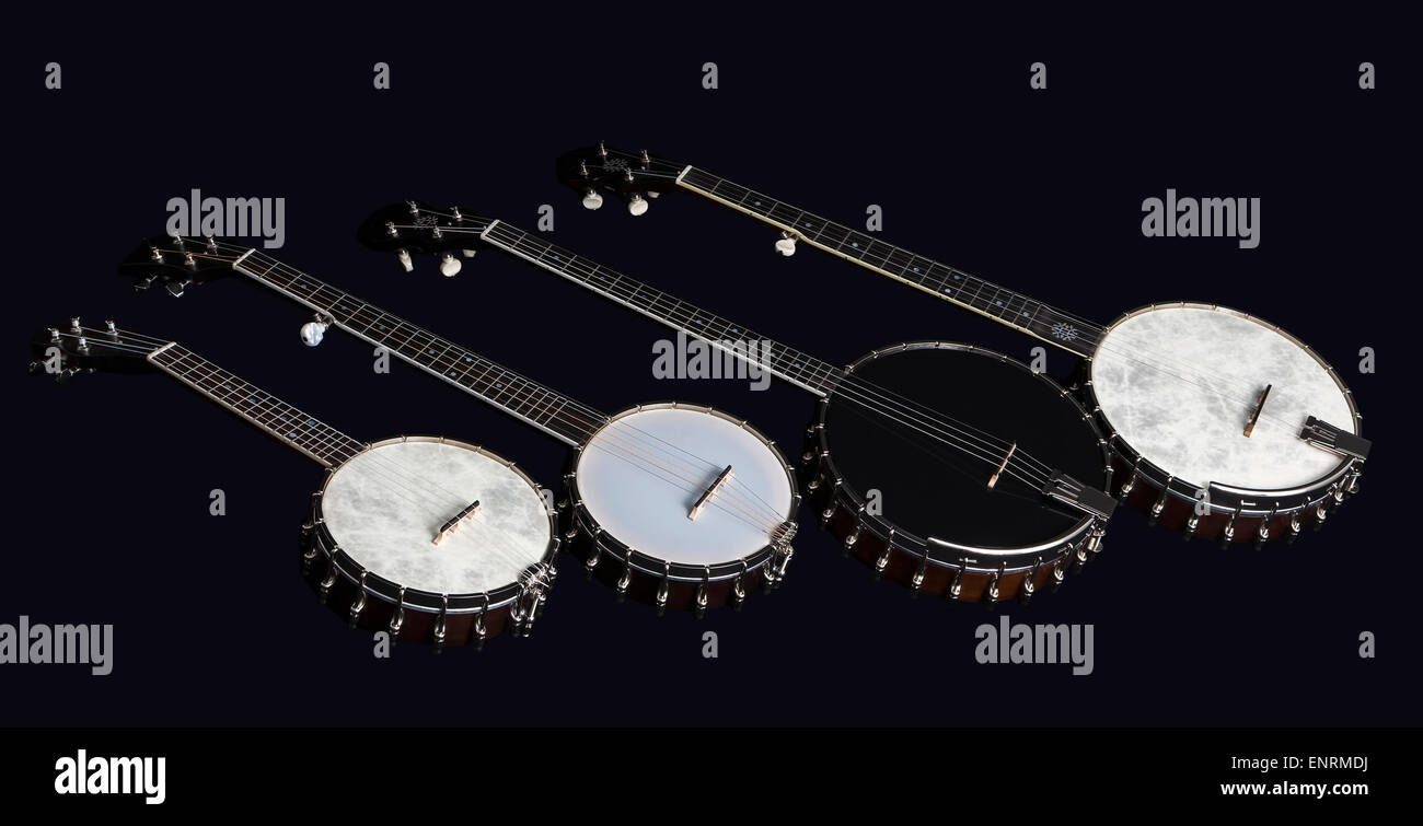 Four  Banjo isolated on black background. Stock Photo