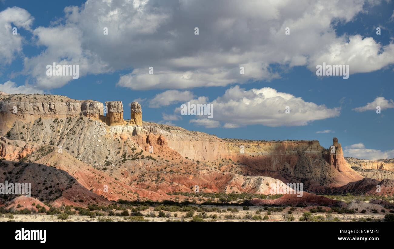 Rock spires near New Mexico's Ghost Ranch.  One of which is known as Chimney Rock Stock Photo