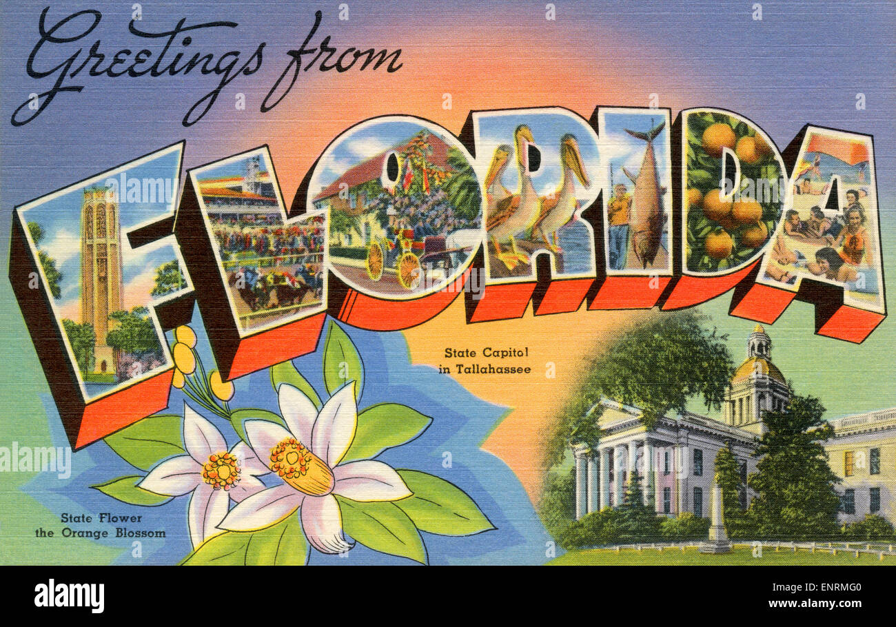 Large letter 'Greetings from Florida ' state name vintage postcard ca. 1930's-1940's Stock Photo