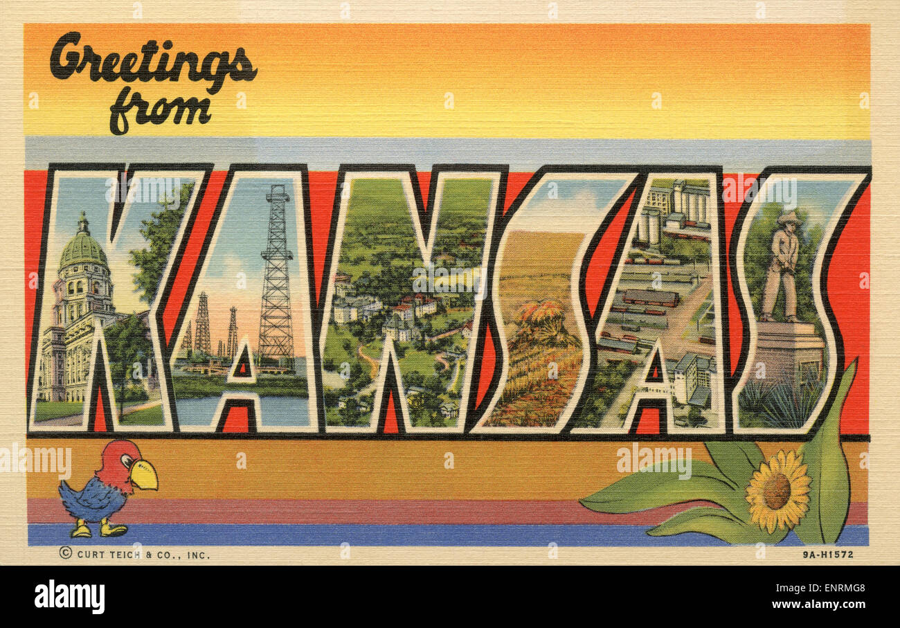 Large letter "Greetings from Kansas " state name vintage postcard ca. 1930's1940's Stock Photo