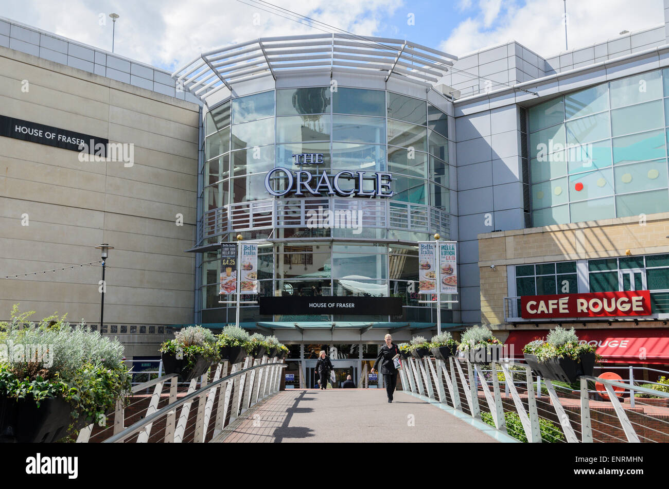 An exterior view of The Oracle Shopping Centre, Reading, U.K. The Oracle is a large regional destination centre run by Hammerson Stock Photo