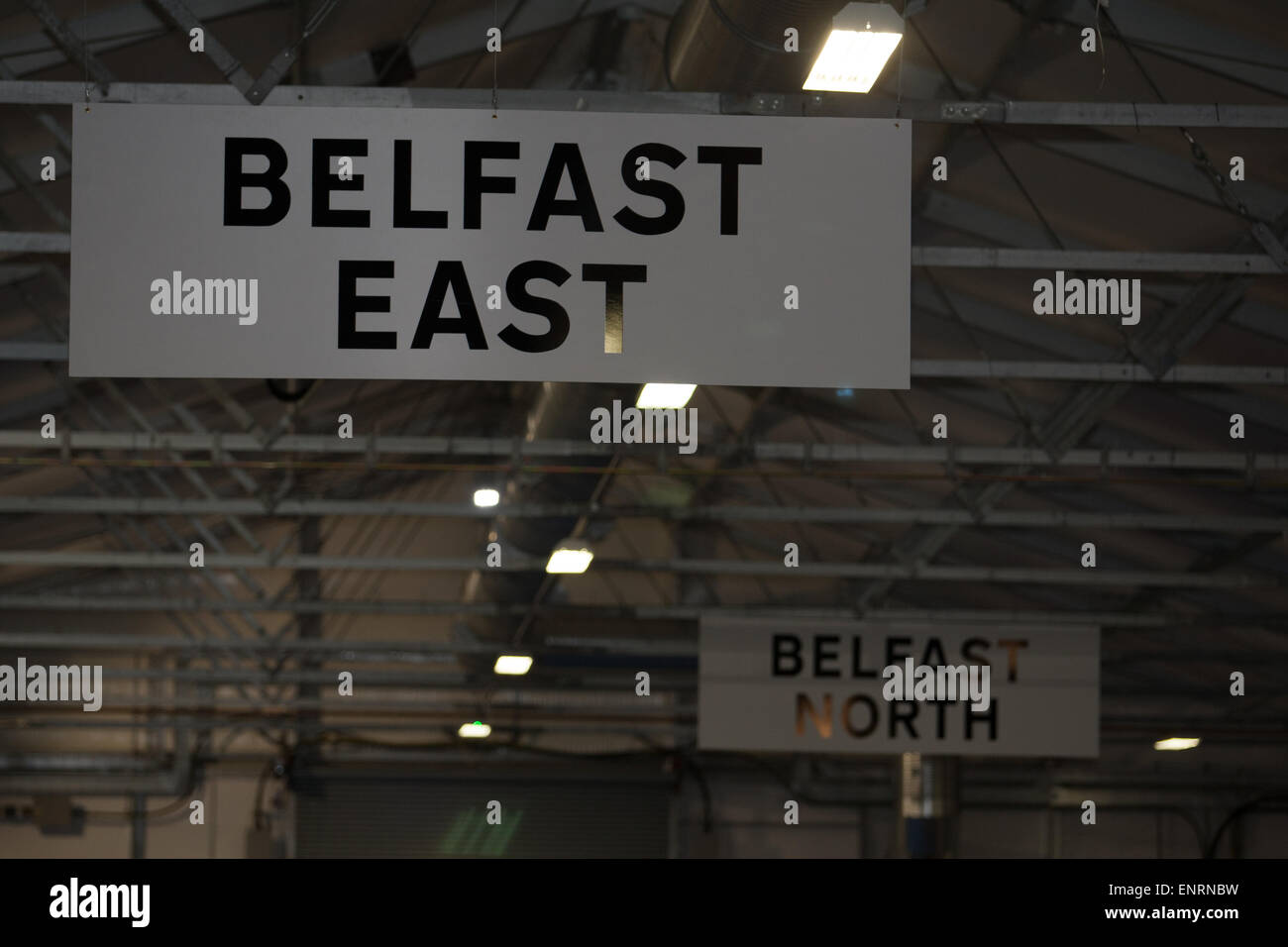 Belfast UK. 7th May 2015 General Election: Belfast East and Belfast north signs at the kings hall Belfast. Stock Photo