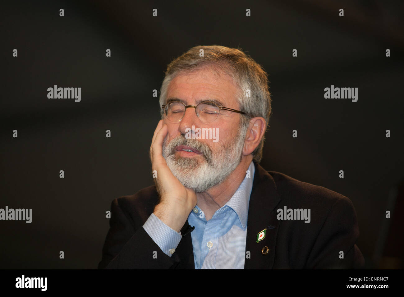 Belfast UK. 7th May 2015 General Election:  Gerry Adams (Sinn Fein) at the result count for Belfast in the UK Parliamentary Elec Stock Photo