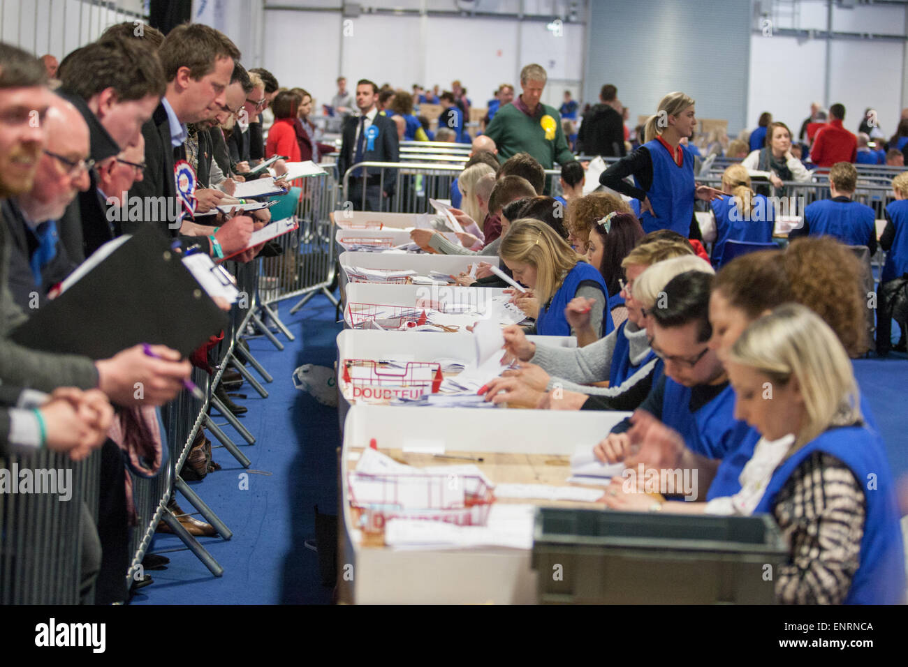 Belfast UK. 7th May 2015 General Election: Observers oversee the ballot paper count in the Belfast South in  UK Election Stock Photo