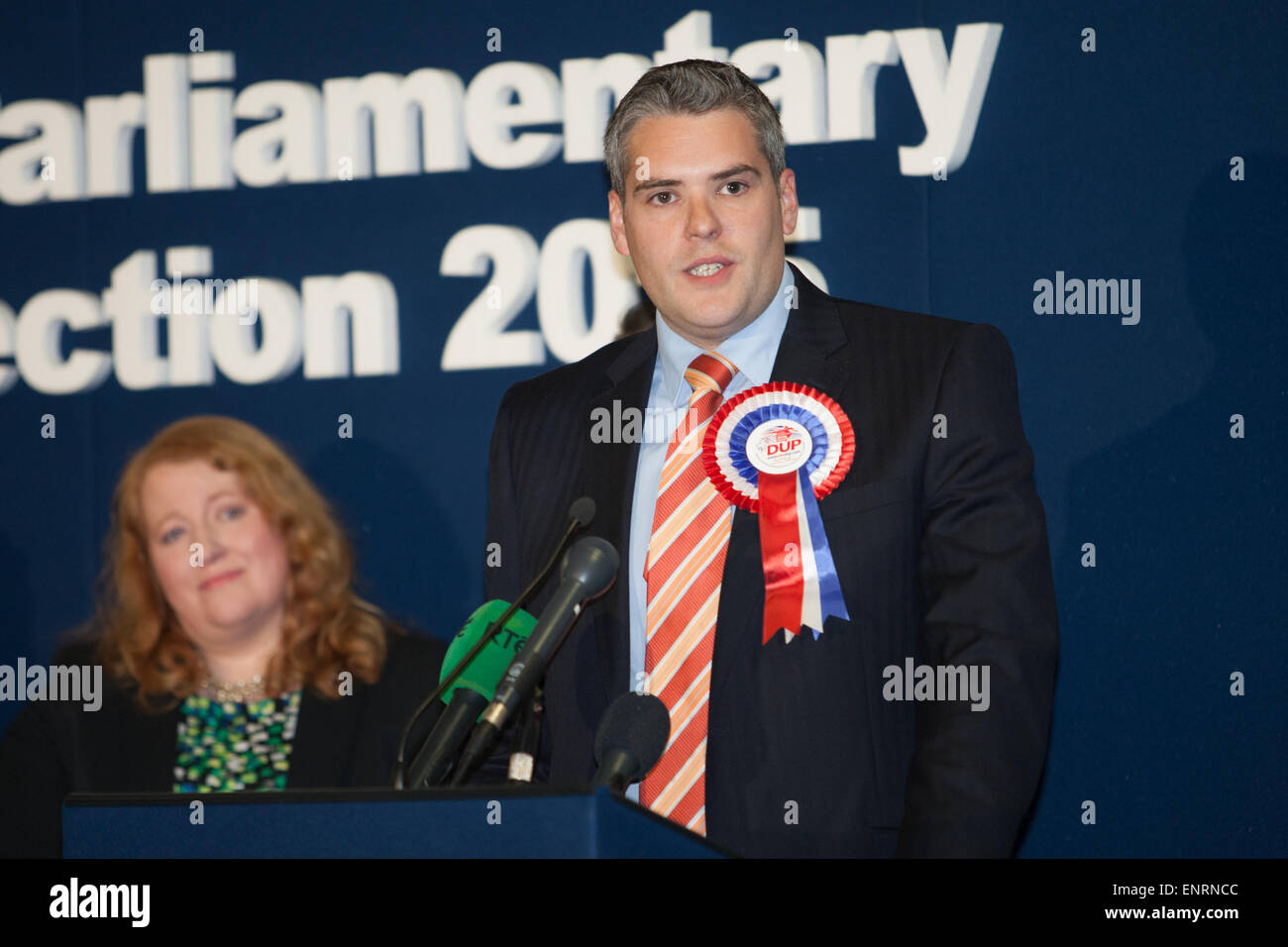 Belfast UK. 7th May 2015 General Election:  Gavin Robinson from the Democratic Unionist Party (DUP) giving his acceptance speech Stock Photo