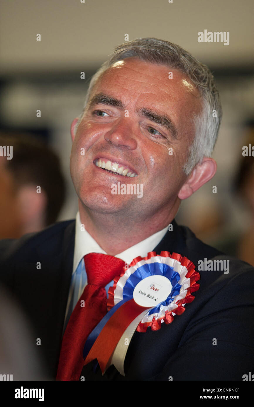 Belfast UK. 7th May 2015 General Election:  Jonathan Bell  from the Democratic Unionist Party (DUP) at the Belfast results of th Stock Photo