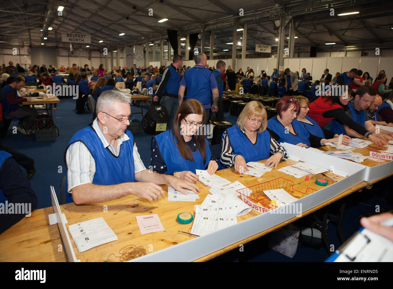 Belfast UK. 7th May 2015 General Election: Electoral Staff counting votes for the seat of Belfast East in the UK Parliamentary E Stock Photo