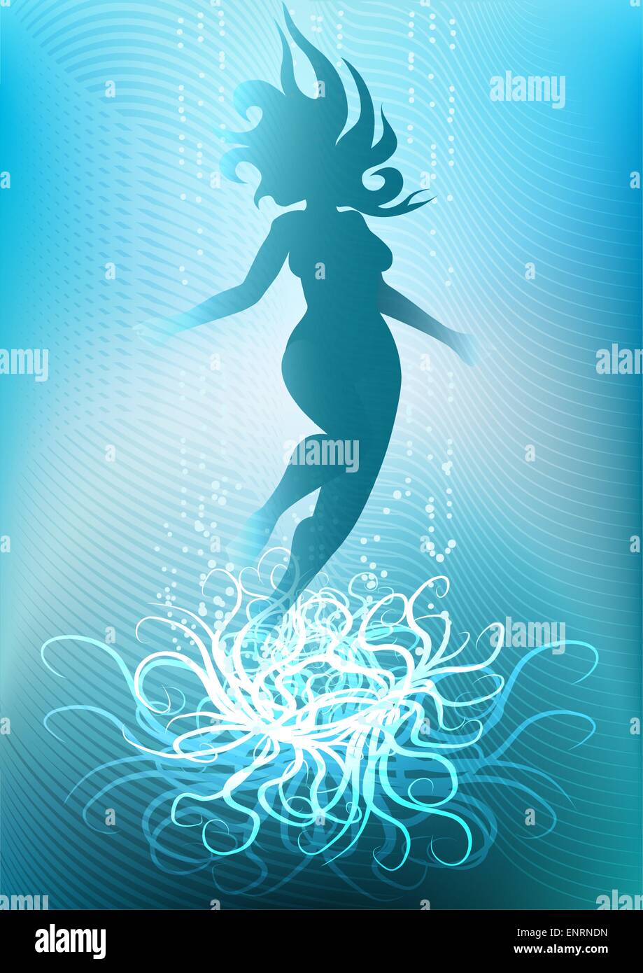 the girl floating over a huge sea weeds on a light sea background with bubbles Stock Vector