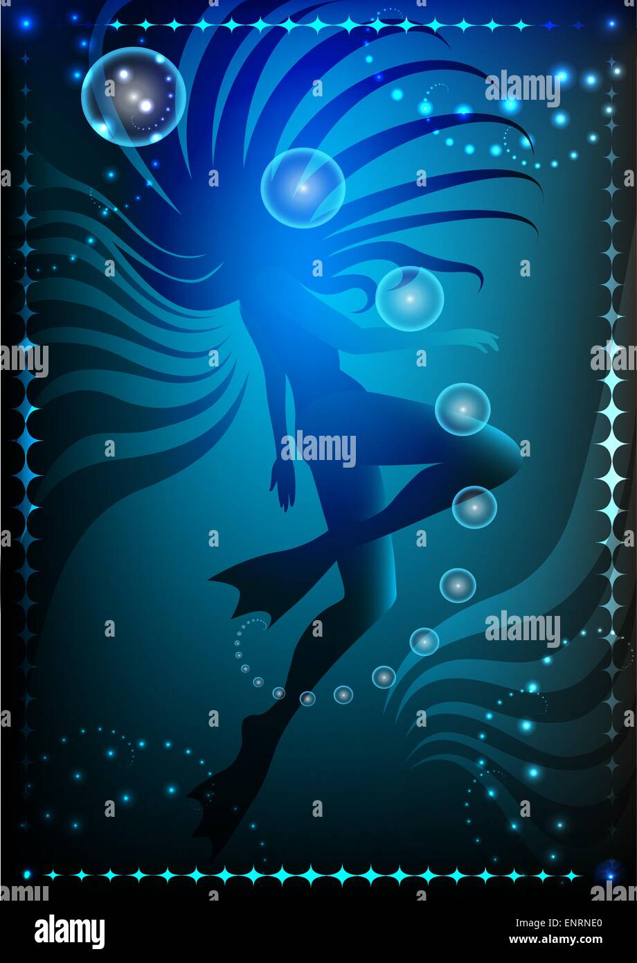 the girl in flippers floating against dark ocean background drawn in fantasy style Stock Vector
