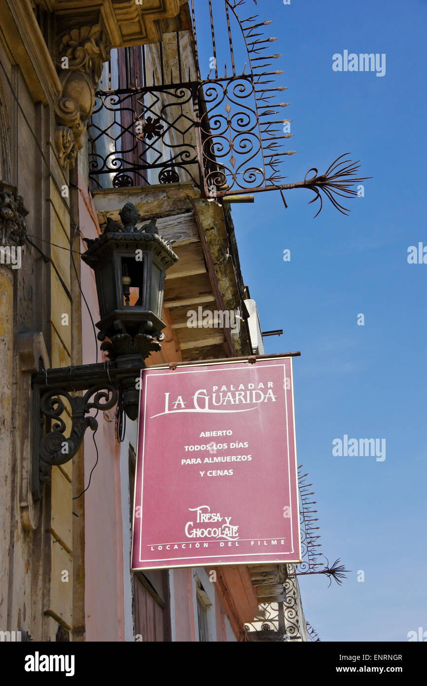 Sign for La Guarida paladar on exterior of La Mansion Camaguey, Havana, Cuba Stock Photo