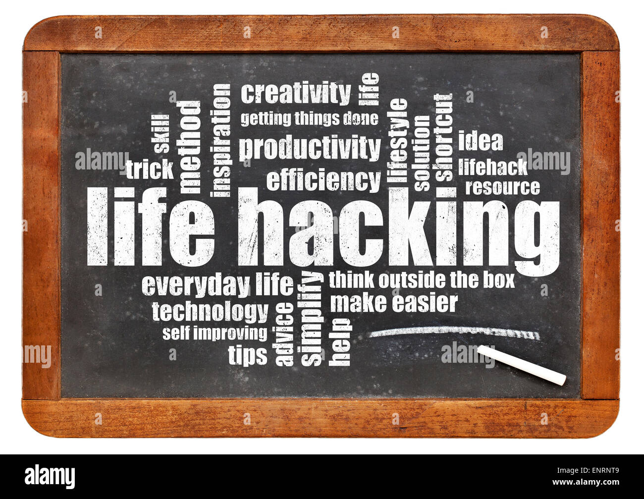 life hacking word cloud on an isolated vintage blackboard Stock Photo