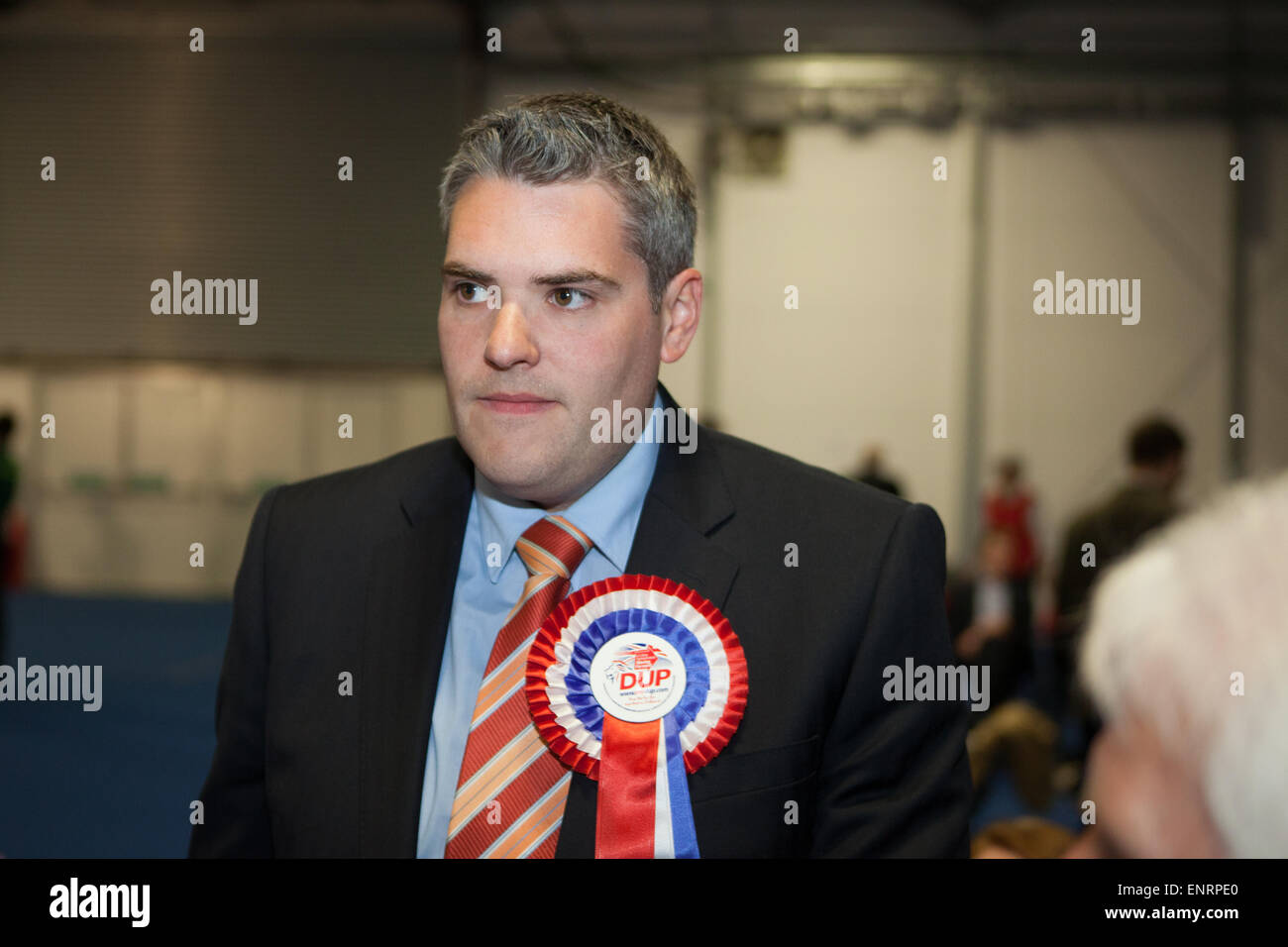 Belfast UK. 7th May 2015 General Election:  Gavin Robinson from the Democratic Unionist Party after winning the seat of Belfast Stock Photo