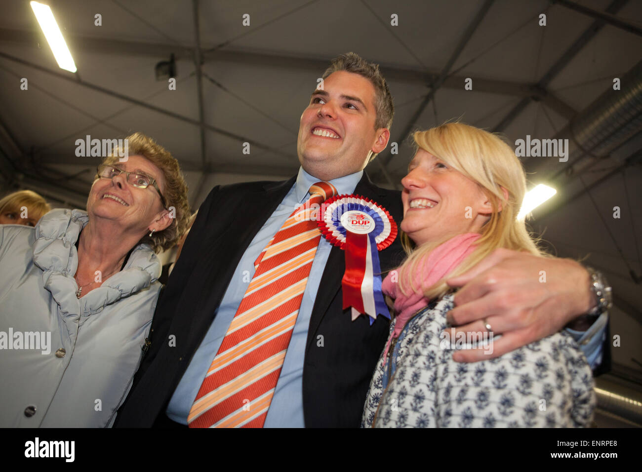 Belfast UK. 7th May 2015 General Election:  Gavin Robinson from the Democratic Unionist Party (DUP) with wife Linsey after winni Stock Photo
