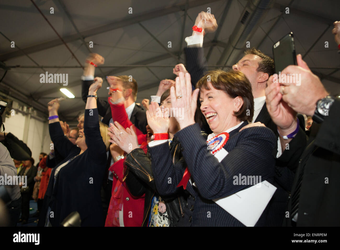 Belfast UK. 7th May 2015 General Election:  Diane Dodds  celebrating after husband Nigel wins the Seat for Belfast North in the Stock Photo