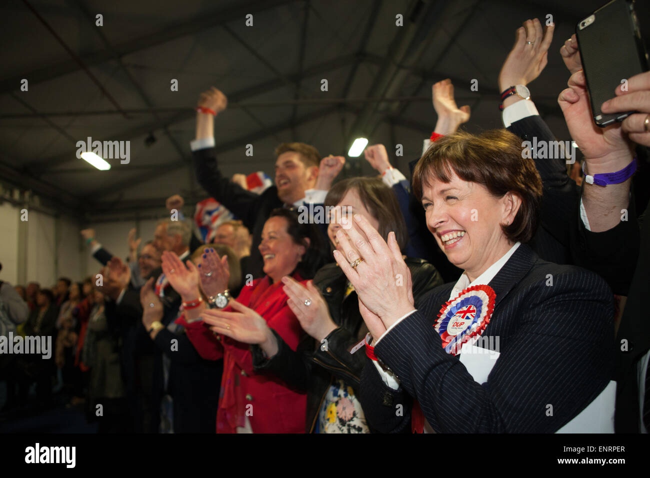 Belfast UK. 7th May 2015 General Election:  Diane Dodds with daughter celebrating after husband Nigel wins the Seat for Belfast Stock Photo
