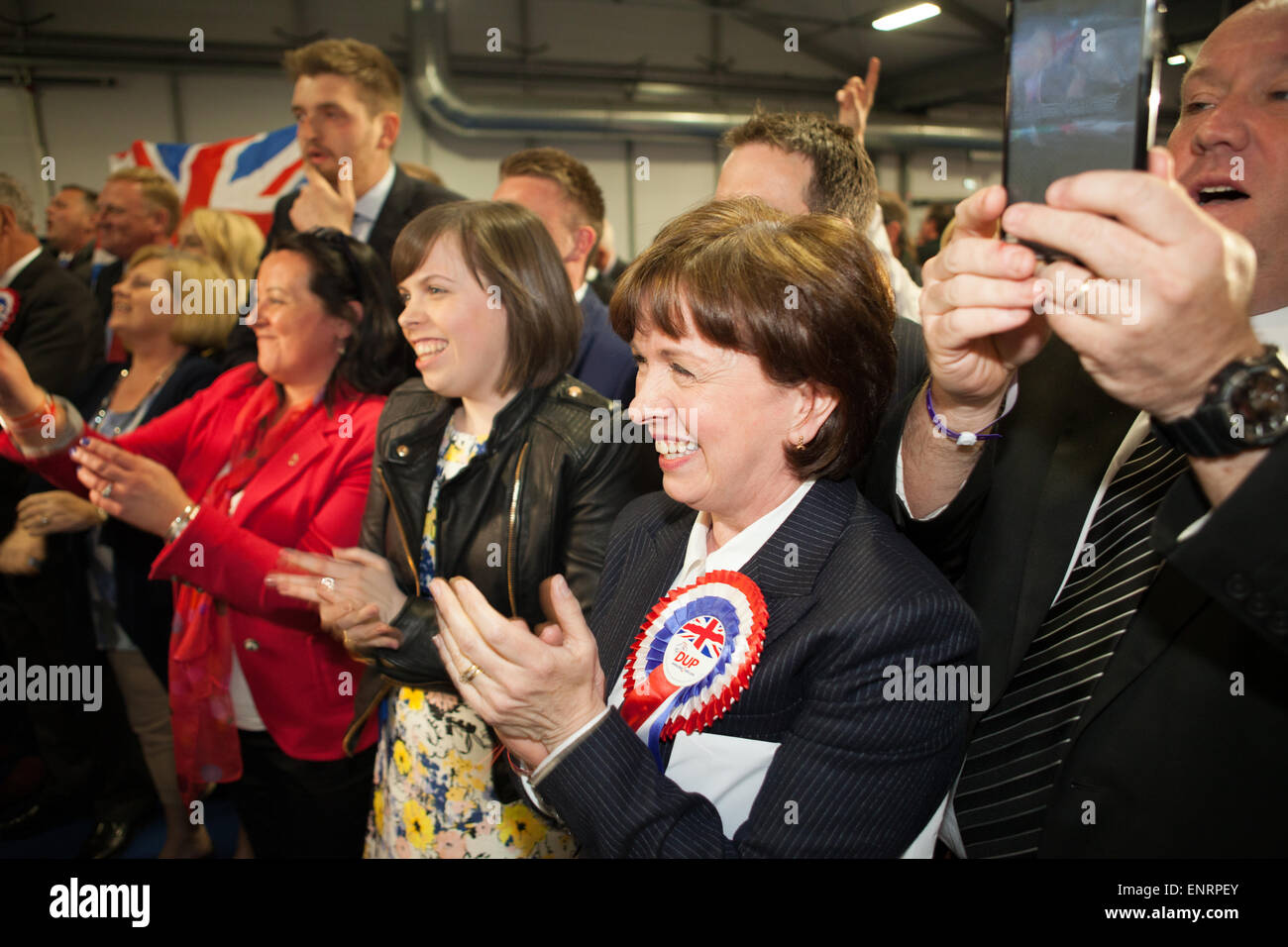 Belfast UK. 7th May 2015 General Election:  Diane Dodds with daughter celebrating after husband Nigel wins the Seat for Belfast Stock Photo
