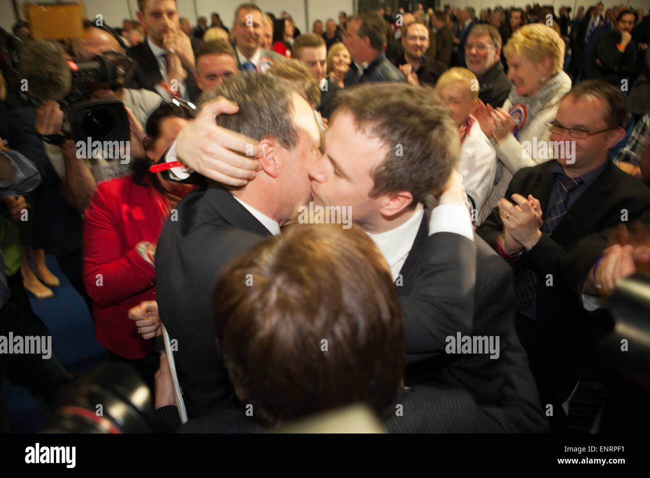 Belfast UK. 7th May 2015 General Election: A DUP supporter congratulates Nigel Dodds after he won the seat of Belfast North. Stock Photo