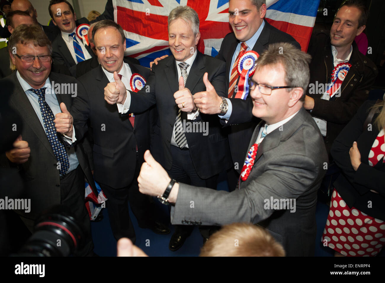 Belfast UK. 7th May 2015 General Election:  DUP members celebrating after taking 8 seats in the general election Stock Photo
