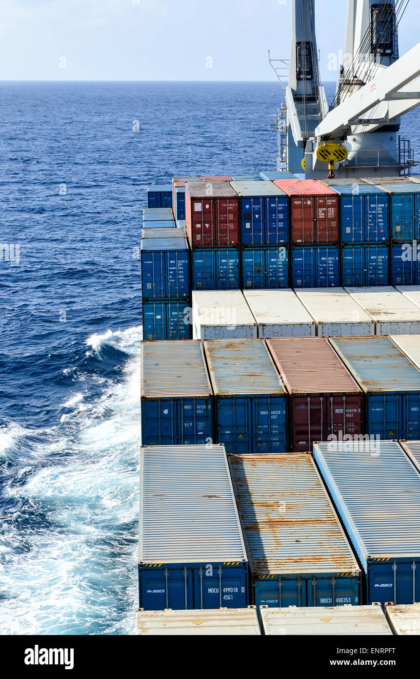 Containers in the open sea container ship sailing in the Atlantic