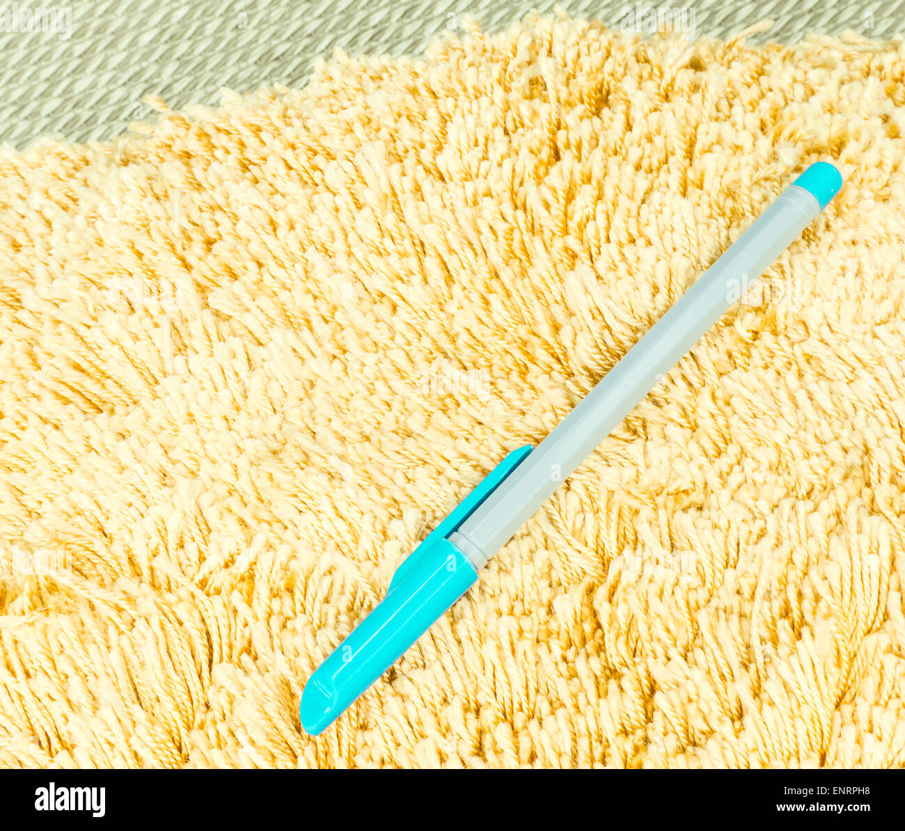 Blue Pen on Orange Hair Fur Carpet on a Mat Stock Photo