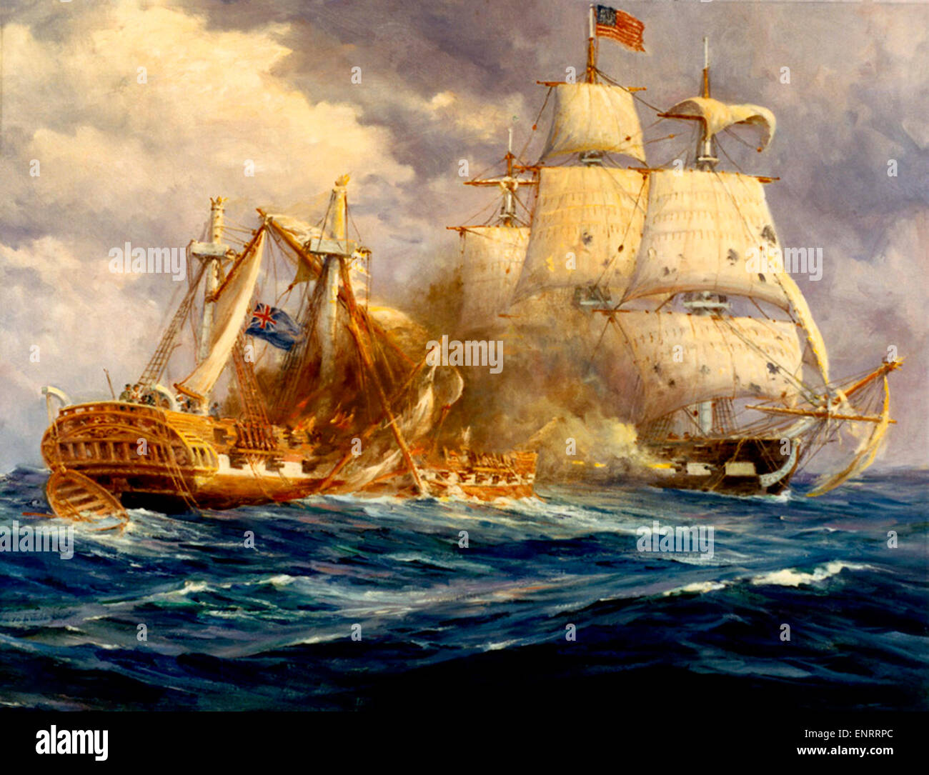 Victory at sea by USS Constitution over HMS Guerriere during the War of 1812 Stock Photo