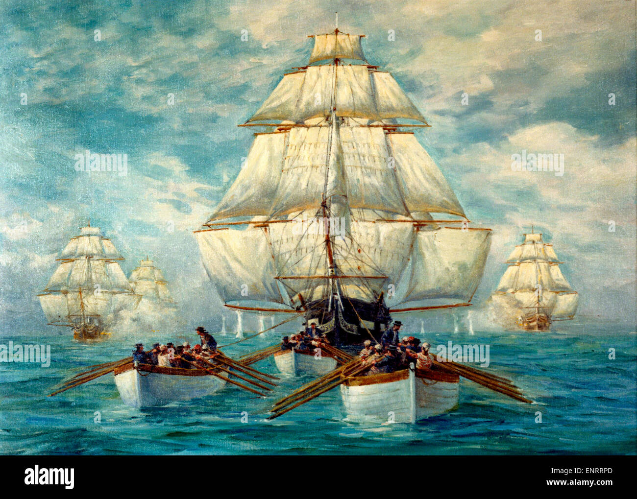Painting depicting the boats of USS Constitution towing her in a calm, while she was being pursued by a squadron of British warships, 18 July 1812. Stock Photo