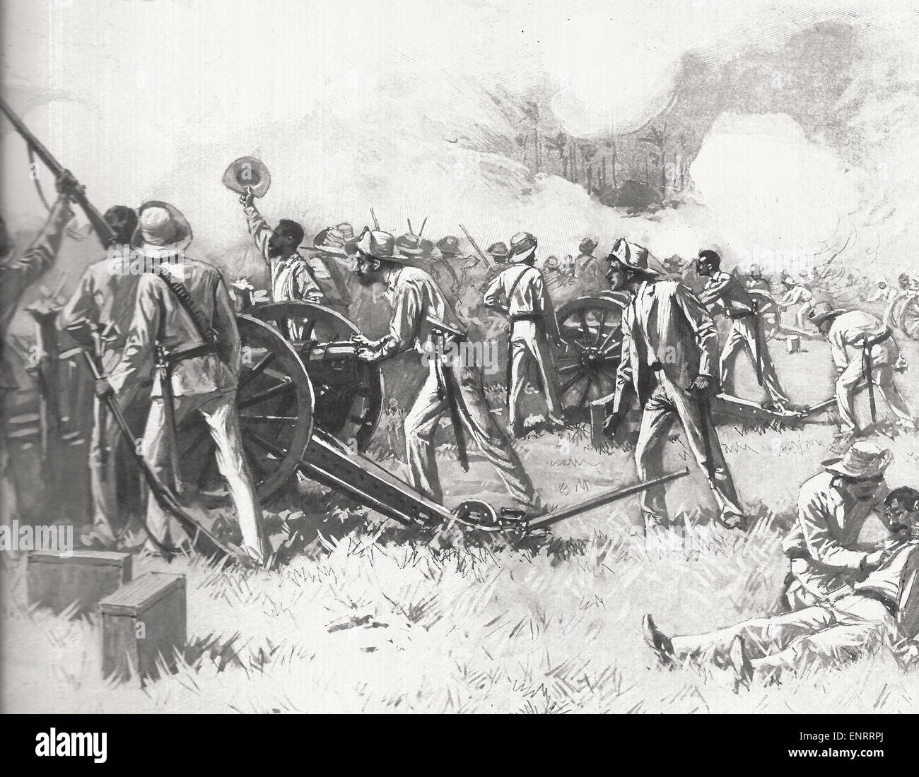 Colonel Suarez Inclan's Column attacking the Insurgents - Gatling guns worked by Americans defending the Insurgent Camp - Cuban War of Independence - Spanish American War Stock Photo