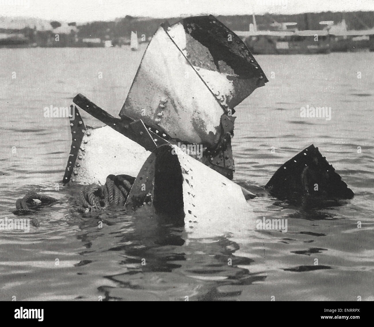 A very important piece of wreckage blown up forward USS Maine, Havana Harbor, Cuba Spanish