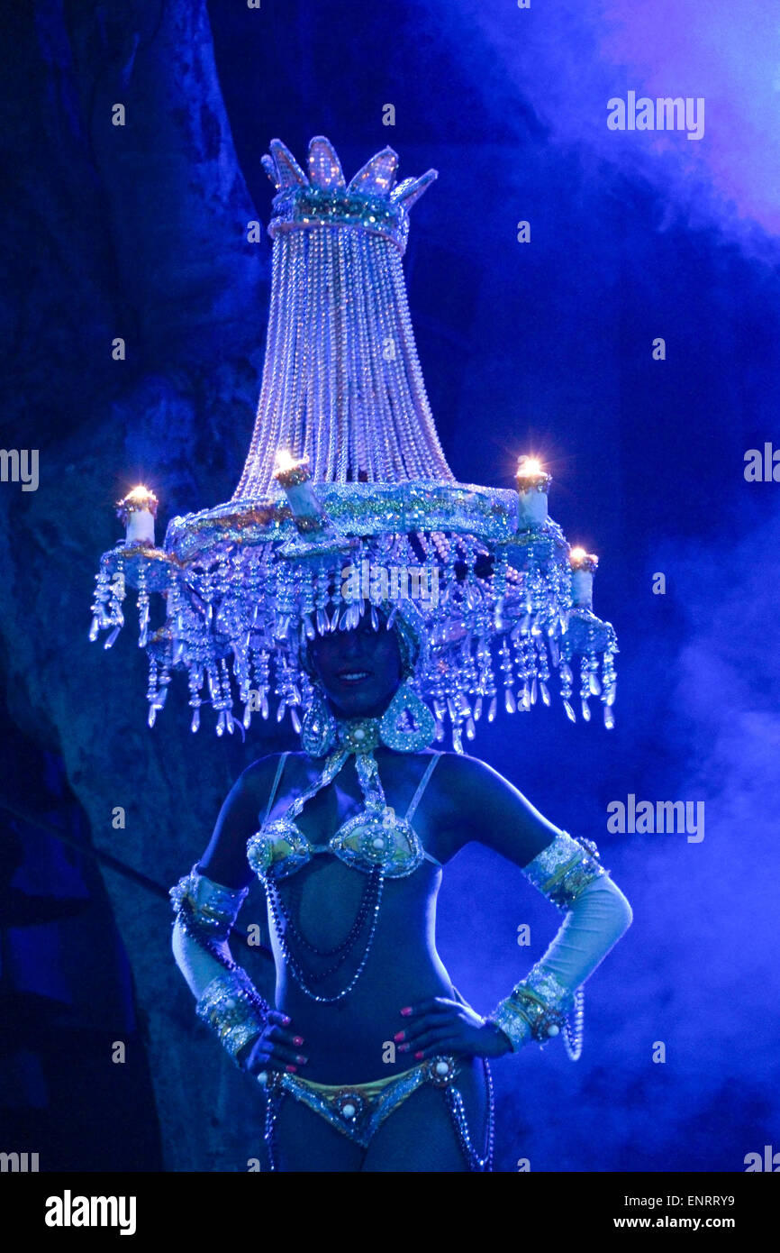 Showgirl wearing crystal chandelier headdress at Tropicana Club, Havana, Cuba Stock Photo