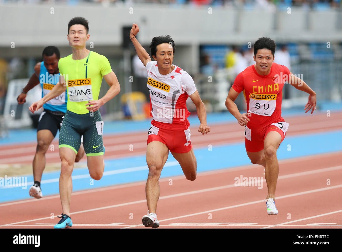 Kawasaki, Men's 100m at Todoroki Stadium, Kanagawa, Japan. 10th May, 2015. (L to R) Peimeng Zhang (CHN), Kei Takase, Bingtian Su (CHN) Athletics : IAAF World Challenge Seiko Golden Grand Prix in Kawasaki, Men's 100m at Todoroki Stadium, Kanagawa, Japan . Credit:  YUTAKA/AFLO SPORT/Alamy Live News Stock Photo