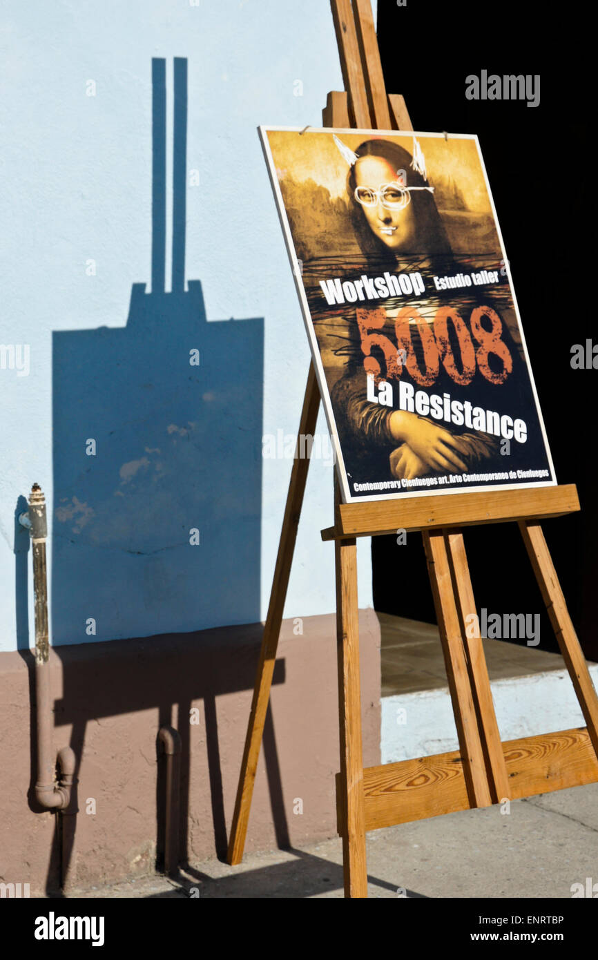Poster on easel outside art gallery, Cienfuegos, Cuba Stock Photo