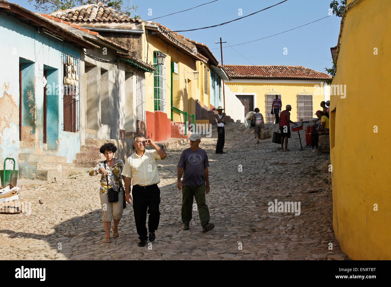 Colorful houses and cobblestone street in Trinidad, Cuba Stock Photo