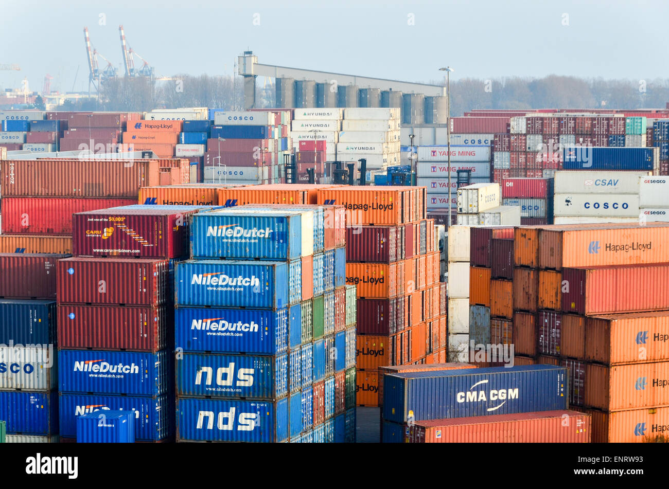 Piles of containers in the port of Rotterdam, Netherlands Stock Photo