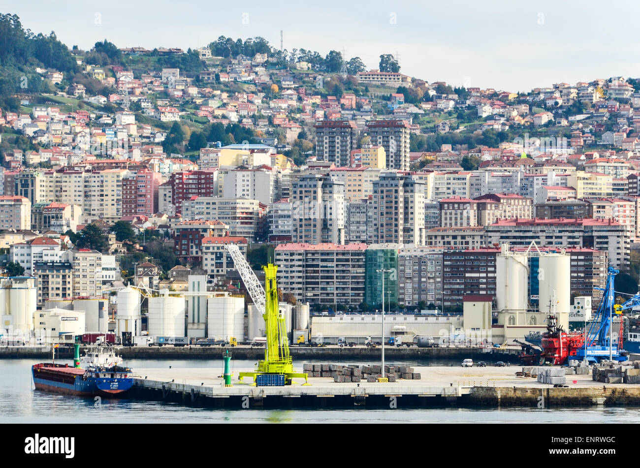Flats and buildings of the city of Vigo, Spain, behind the port Stock Photo