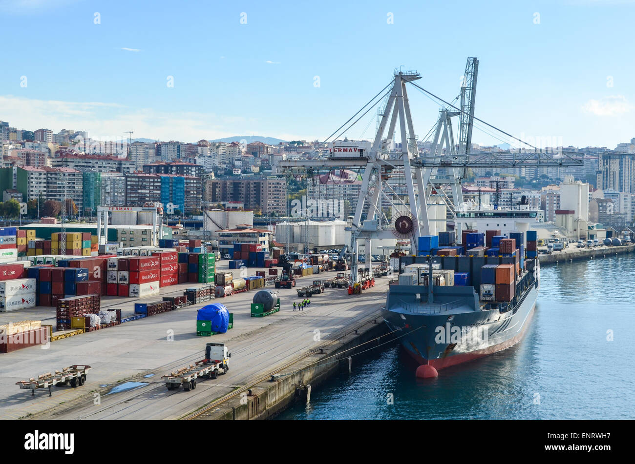 Container ship docked at the container terminal of the port of Vigo, Spain Stock Photo