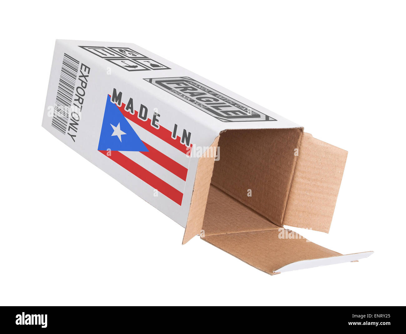 Concept of export, opened paper box Product of Puerto Rico Stock
