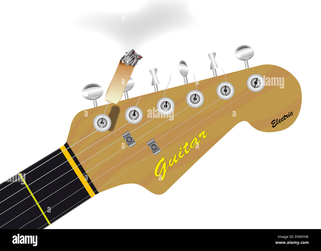 cigarette in headstock Guitar headstock with a cigarette attached to a string Stock Photo