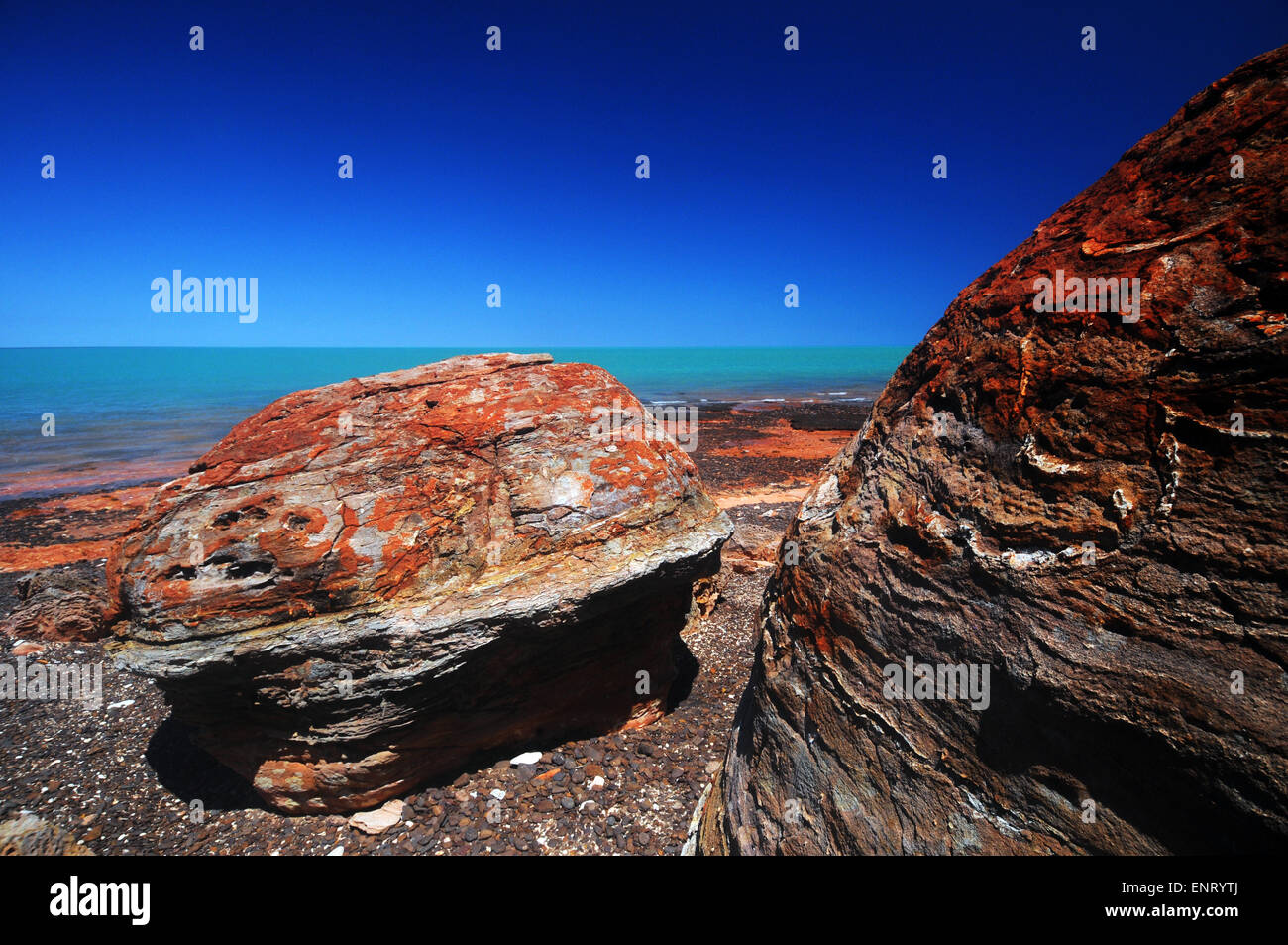 Rocky shore of Roebuck Bay, near Broome, Kimberley region, Western Australia Stock Photo