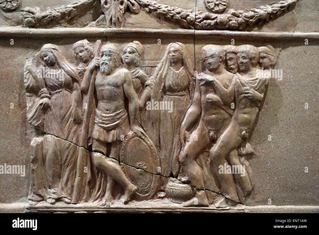 Urn of classical inspiration with scenes from the myth of Iphigenia miniature altar with double echinus. 5th century BC. Stock Photo