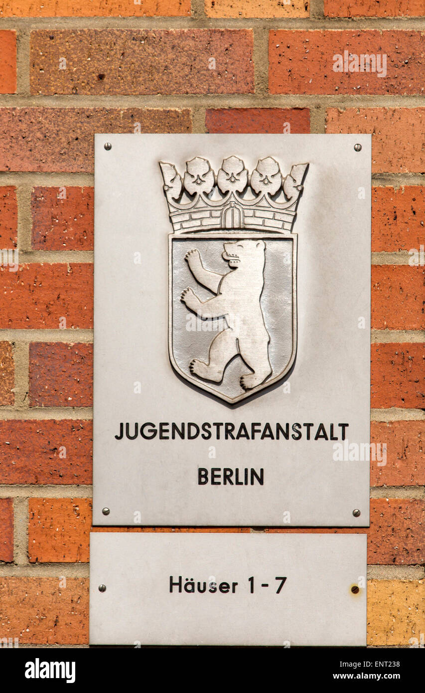 Sign of the Jugendstrafanstalt Berlin juvenile prison, Plötzensee, Berlin, Germany Stock Photo