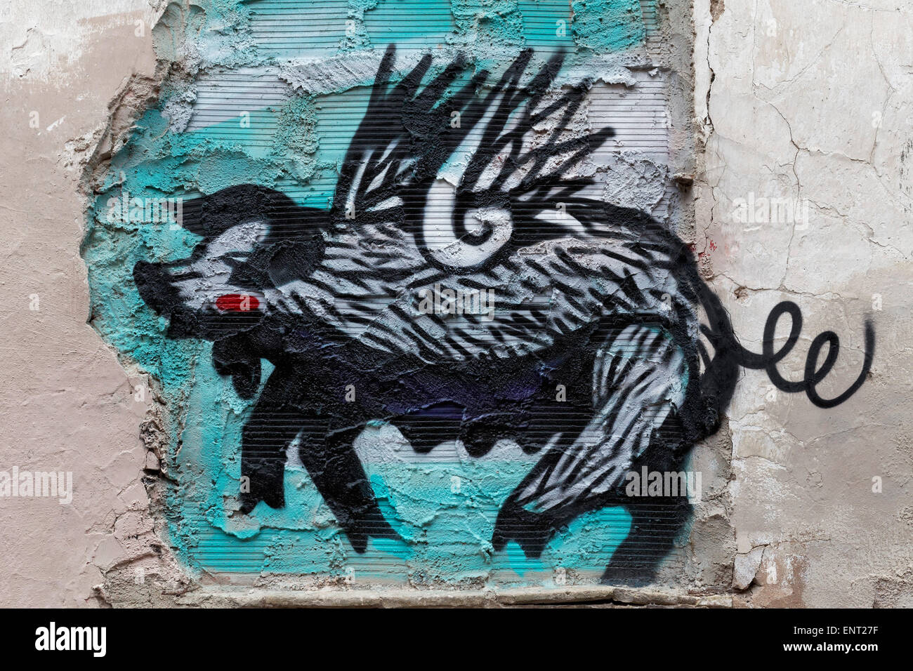 Pig with wings, surreal mural, street art, Palma de Majorca, Majorca, Balearic Islands, Spain Stock Photo