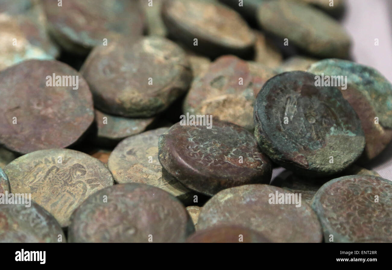Bronze coins of the 4th century AD. Roman period. National Roman Museum. Palazzo Altemps. Rome. Italy. Stock Photo
