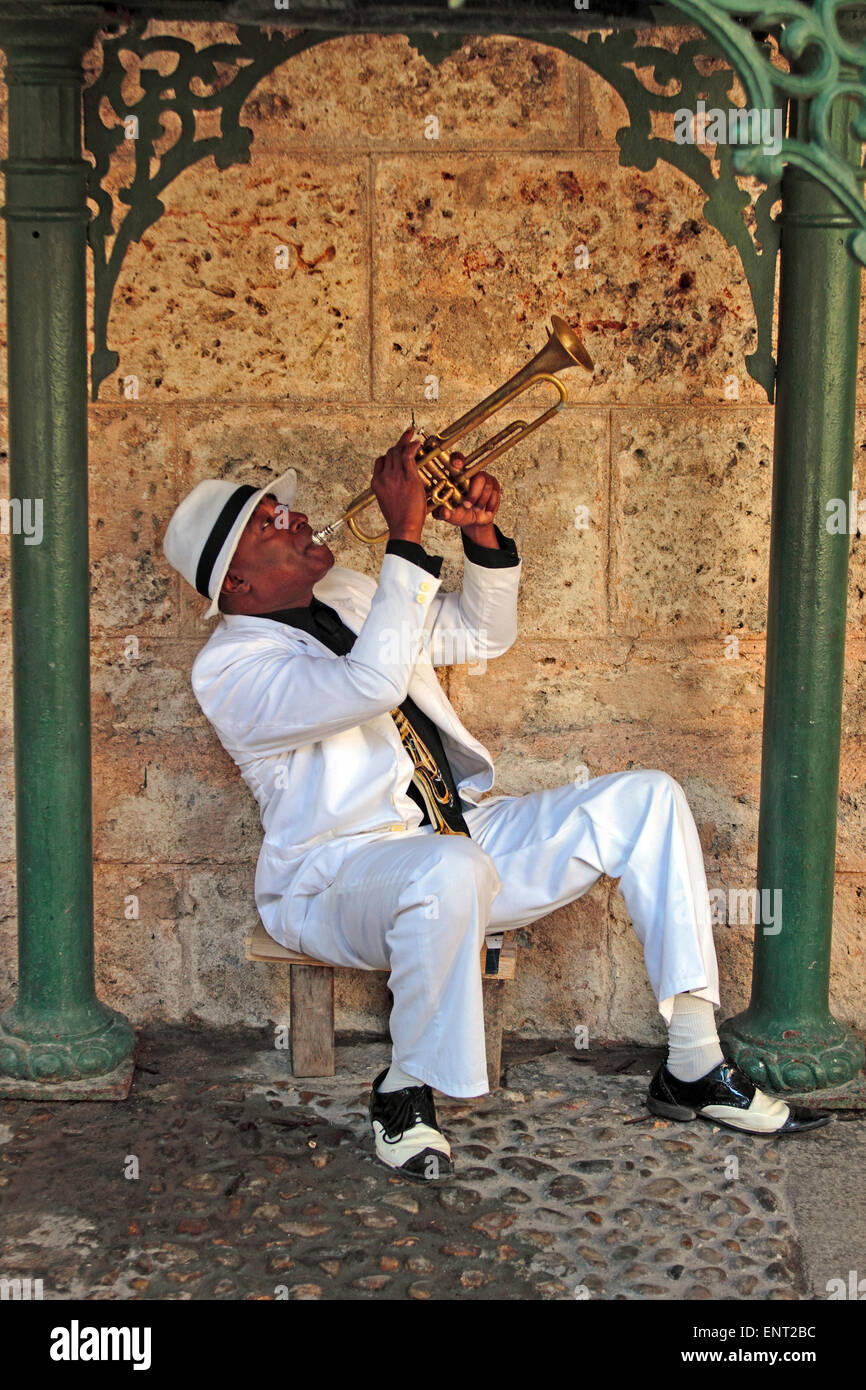 Cuban trumpet player performing in a small park, Havana, Cuba Stock Photo