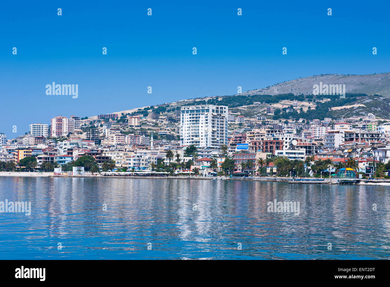 Waterfront of the coastal town of Sarande, Albania Stock Photo