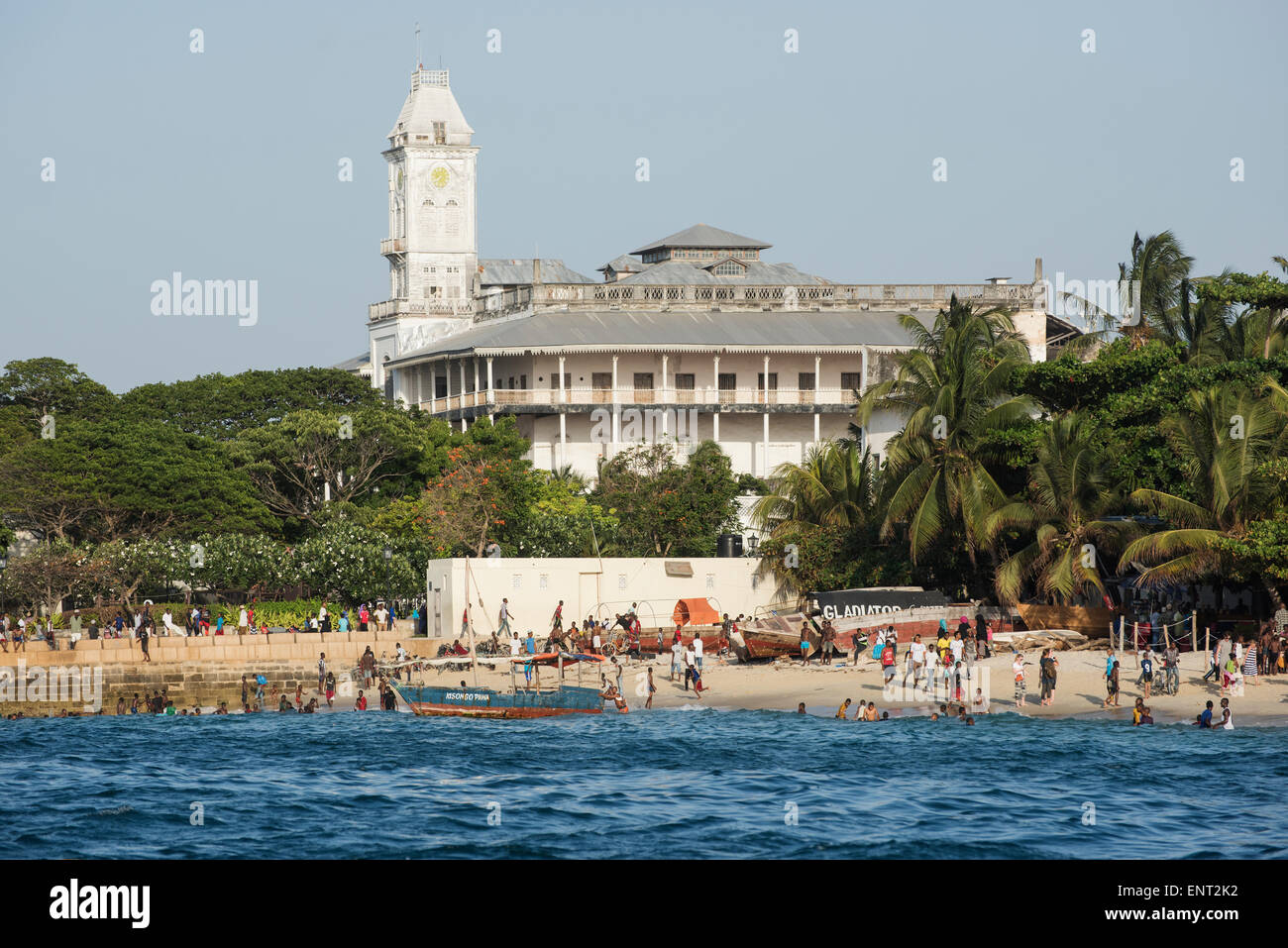 View from the sea to the town, beach and the House of Wonders, Stone Town, Zanzibar, Unguja, Zanzibar Archipelago, Tanzania Stock Photo