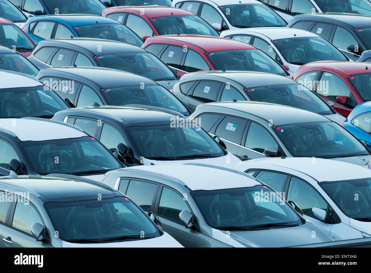 New cars on on dockside in Spain Stock Photo